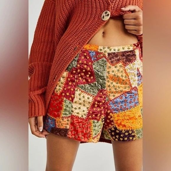 Free People Patchwork Dream Velvet Shorts Size L NWT $198 Embroidered - Picture 2 of 8